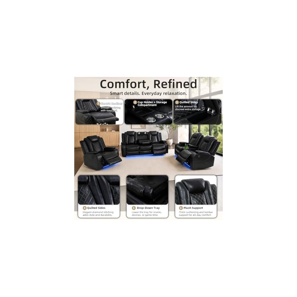 Power Recliner Sofa Set, 3 Piece Faux Leather Reclining Couch with LED Lights,Flip-Down Table, USB Ports, Cup Holders & Storage Console for Living Room, Home Theater Seating & APT Black