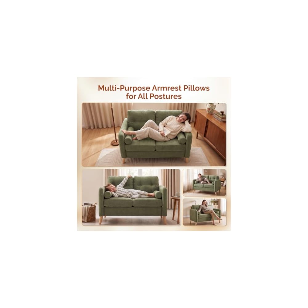 VINGLI 47" Green 2 Seater Chenille Sofa, 6" Cushion Loveseat for Apartment