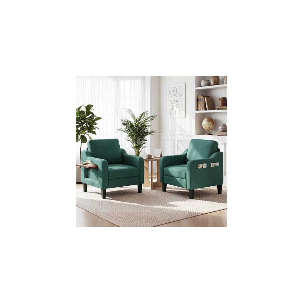 Accent Chair for Living Room, Mid-Century Upholstered Armchair with Foldable Table & 2 Side Pockets, Modern Linen Wooden Sofa Chair for Bedroom & Reading Room, Blue