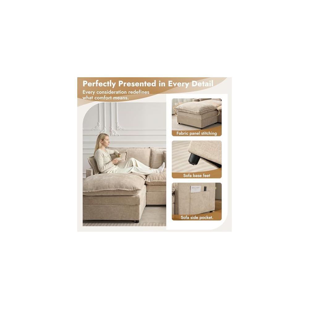 108 Inch U Shaped Cloud Couch, Chenille Modular Sectional Sofa