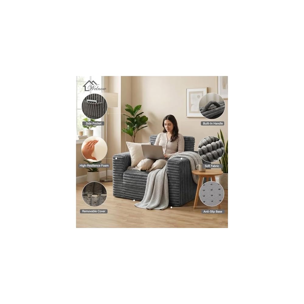 Welnow Folding Sofa Bed with Ottoman,2-in-1 Boneless Sofa Chair,Dark Grey