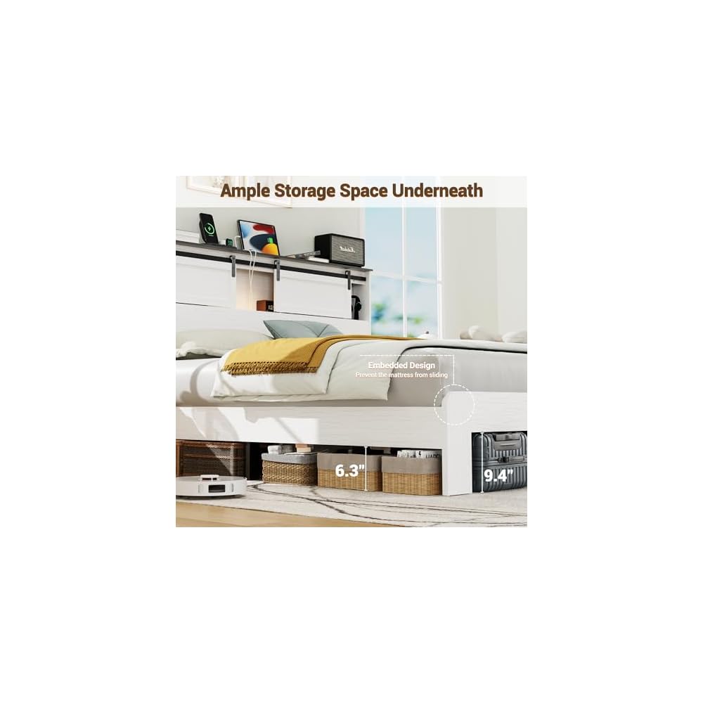 DNYN Farmhouse Platform Bed Frame with Storage Headboard and Dual USB Ports