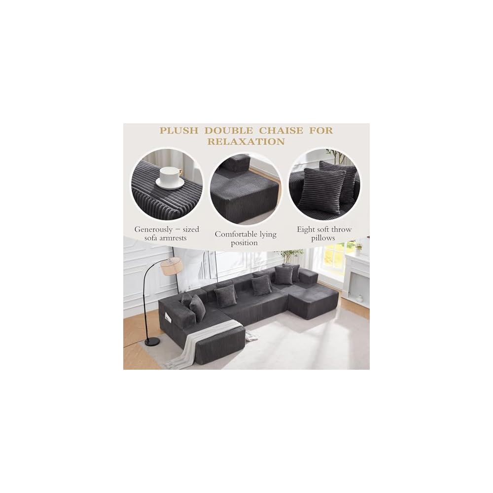 131" Cloud Sectional Modular Sofa, Boneless Couch for Living Room, Gray