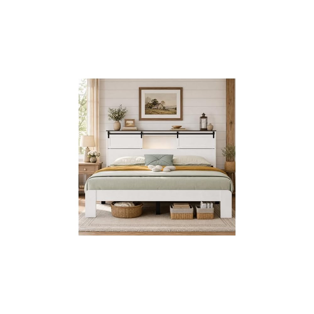 DNYN Farmhouse Platform Bed Frame with Storage Headboard and Dual USB Ports