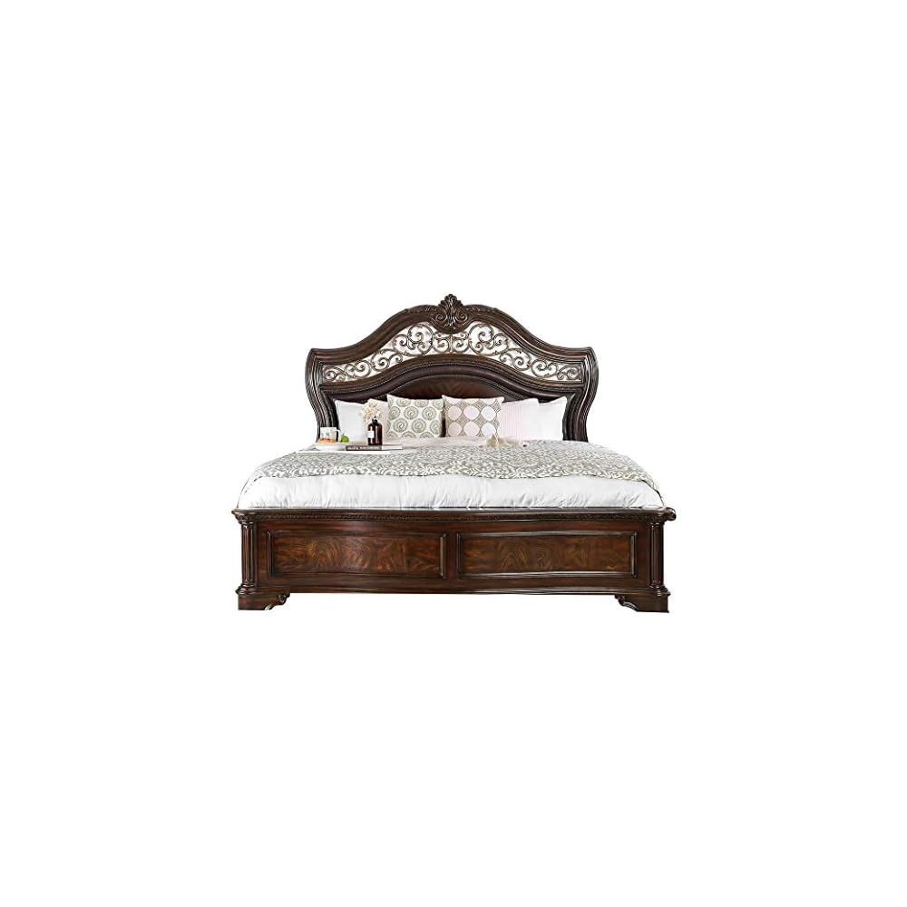 Benjara California King Wooden Bed with Intricate Carved Headboard