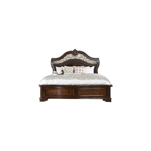 Benjara California King Wooden Bed with Intricate Carved Headboard