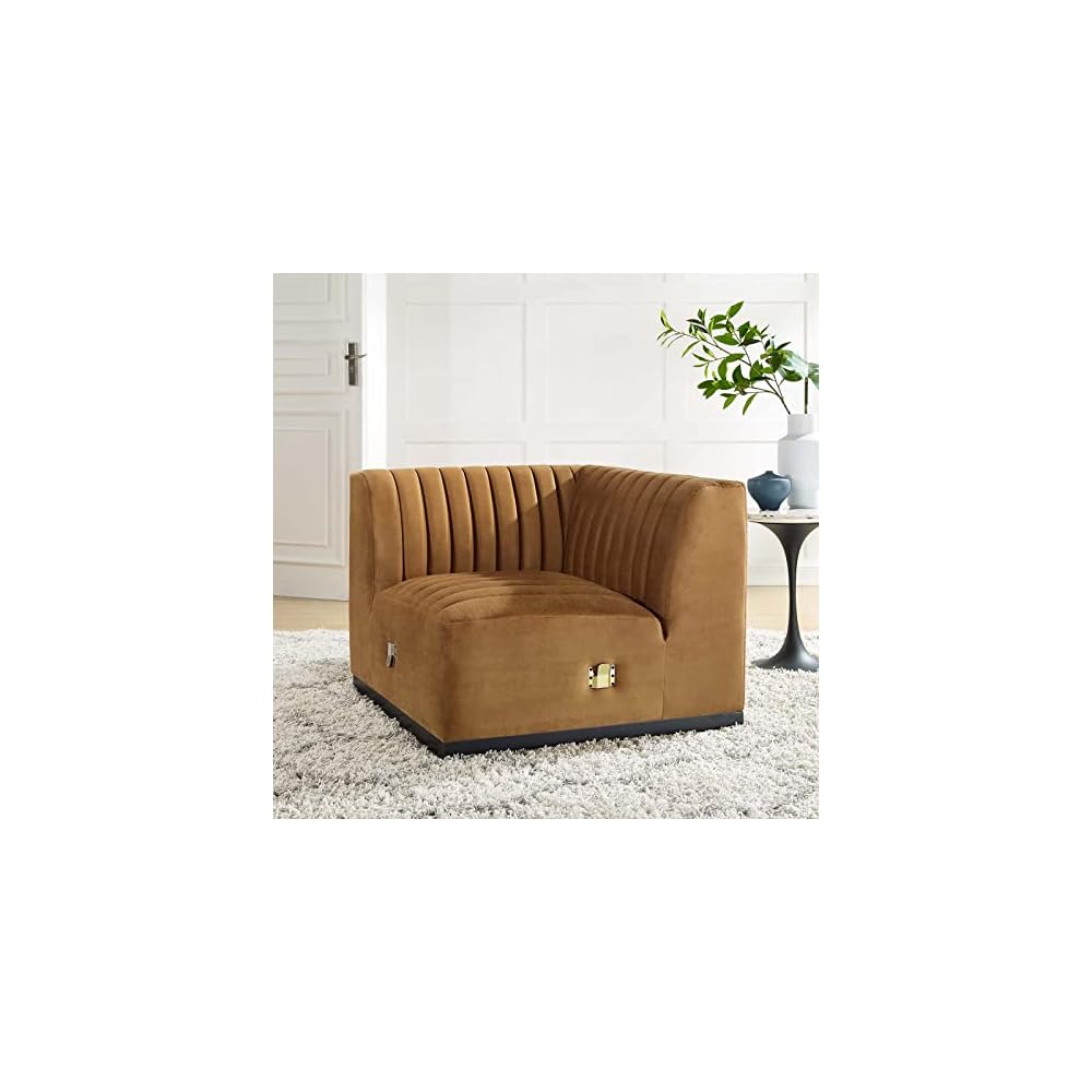 Modway Conjure Channel Tufted Upholstered Performance Velvet Sectional Sofa Left Corner Chair in Black Cognac