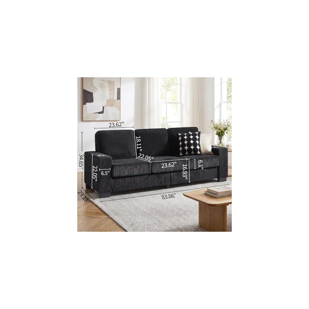 GRAVFORCE 84" Corduroy Sofa, Black 3 Seater Couch with Cup Holders