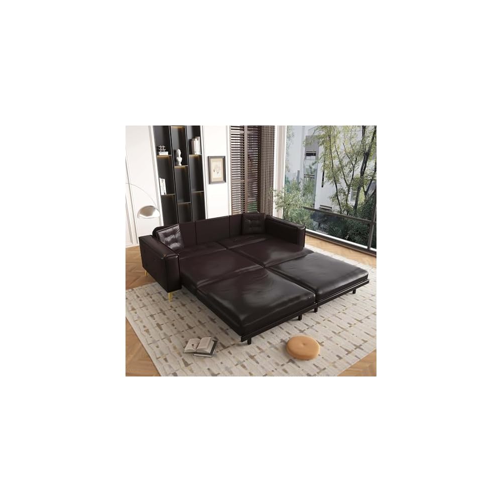 3-in-1 Dark Brown Faux Leather Pull Out Sleeper Sofa Bed Couch with Ultra Wide Armrests, 92.1" King Size Pullout Tufted Sofa Bed, 4 Seater Convertible Couch for Living Room
