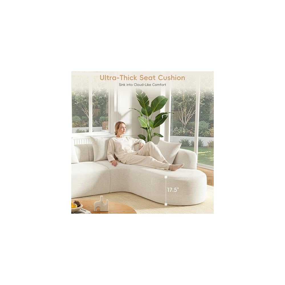 Organic & Curved Boneless Couch 116.5",Cloud-Like,L-Shaped Compressed Sofa