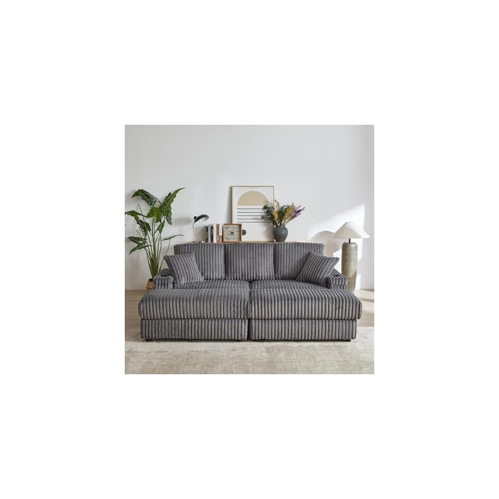 84 Inch Soft Corduroy Sofa, Boneless Couches for Living Room with Storage footstools, Couches with Spring Sponge Support and Cup Grooves for Indoor Leisure Spaces, Grey