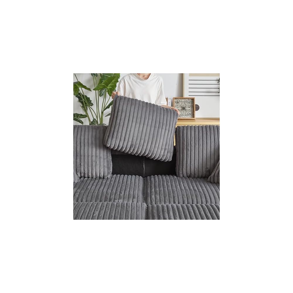 84 Inch Soft Corduroy Sofa, Boneless Couches for Living Room with Storage footstools, Couches with Spring Sponge Support and Cup Grooves for Indoor Leisure Spaces, Grey