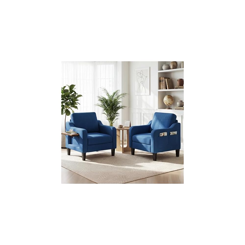 Accent Chair for Living Room, Mid-Century Upholstered Armchair with Foldable Table & 2 Side Pockets, Modern Linen Wooden Sofa Chair for Bedroom & Reading Room, Blue