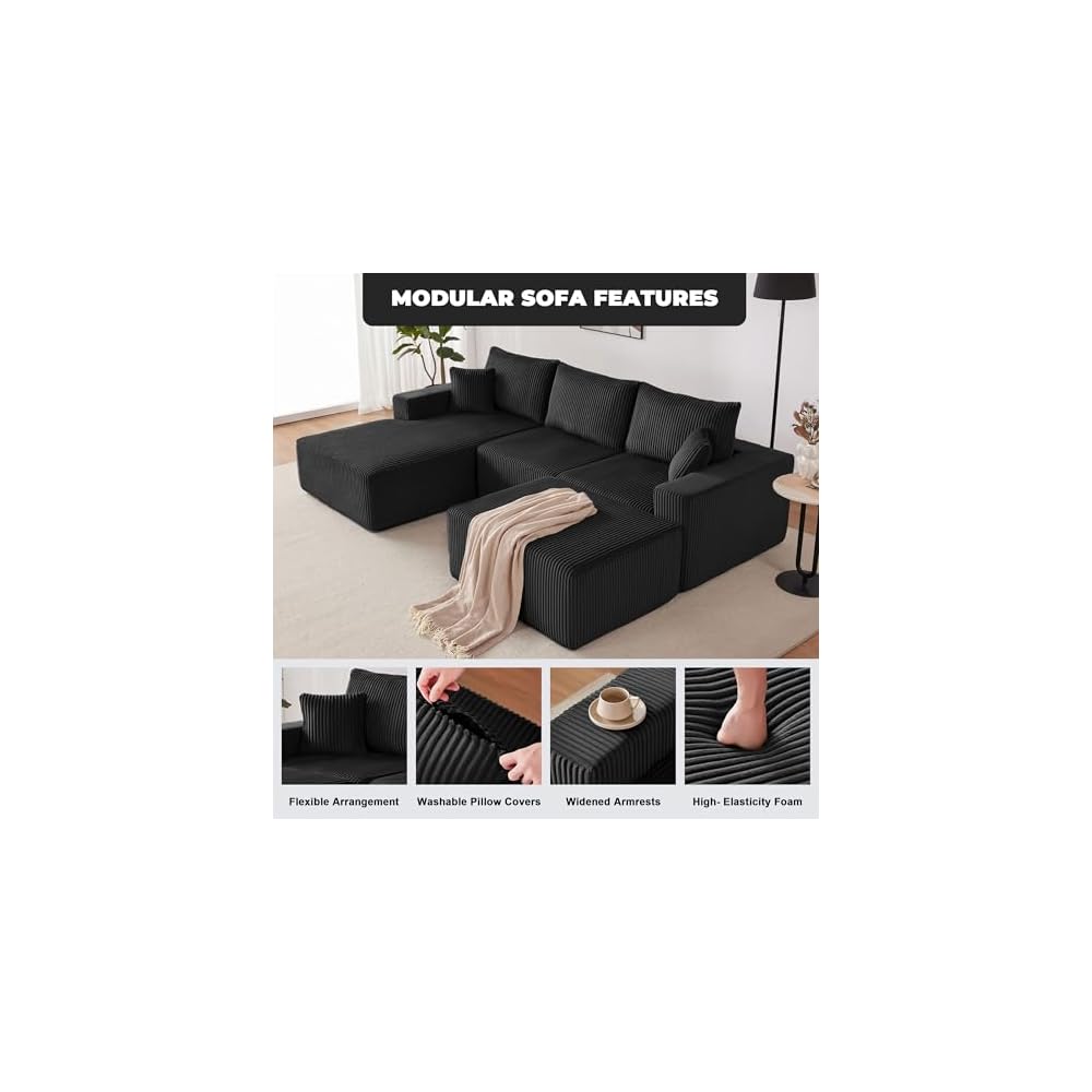 Weture 108” Modular Sectional Couches, Modern Modular U-Shape Sofa with Chaise, Cloud Sectional Couch with Deep Seat, Upholstered Boneless Sofa for Living Room (Corduroy, Black)