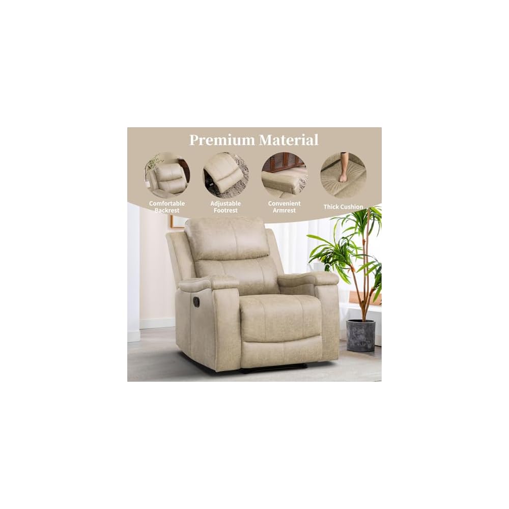 EBELLO Recliner Chair, Single Overstuffed Sofa Recliner, Breathable Faux Leather Manual Reclining Chairs with Hidden Cup Holder, Arm and Back for Adults, Living Room, Bedroom, Beige