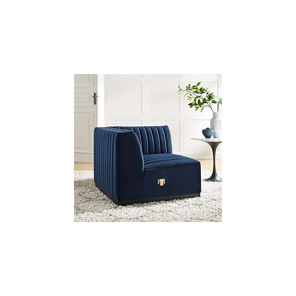 Modway Conjure Channel Tufted Upholstered Performance Velvet Sectional Sofa Left Corner Chair in Black Cognac