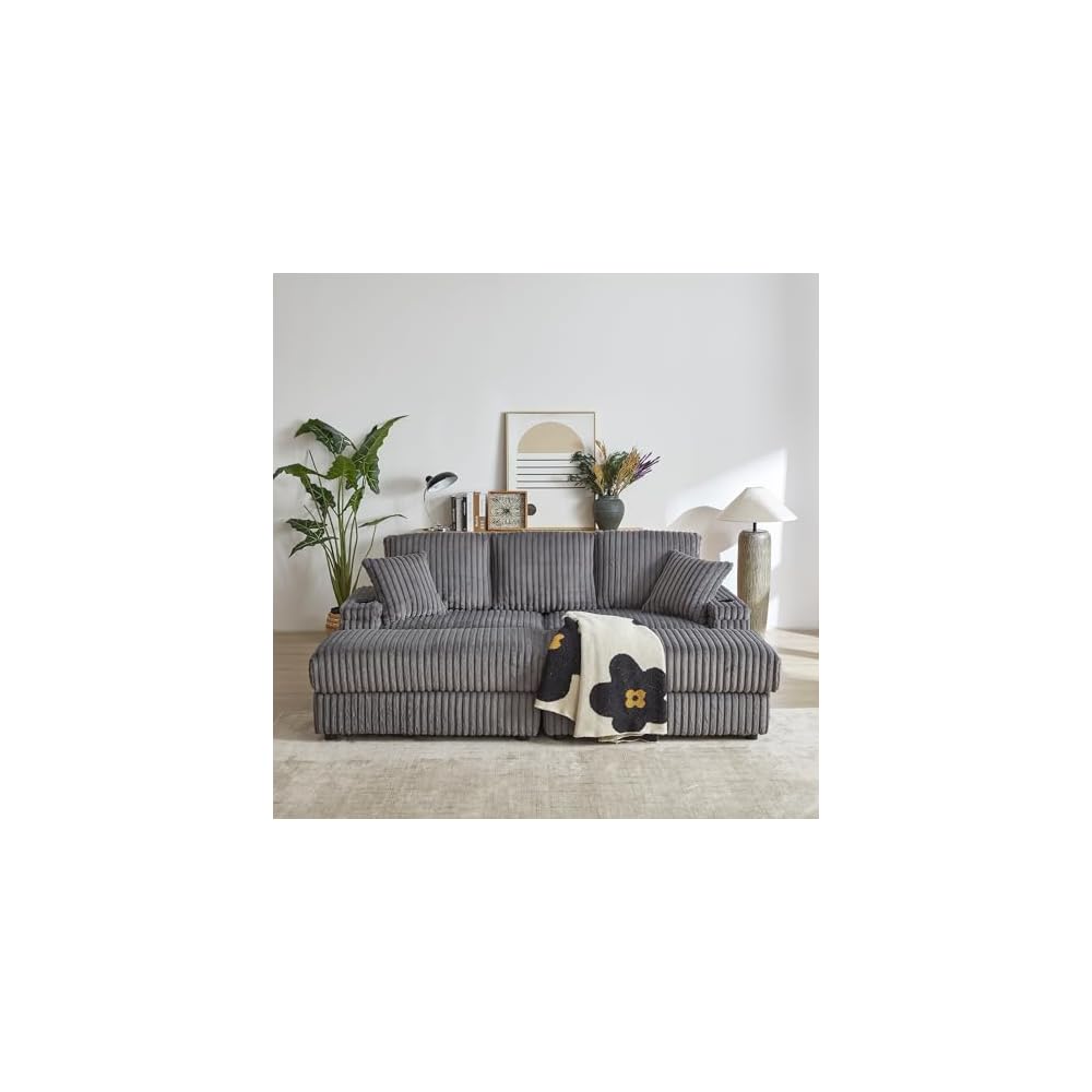 84 Inch Soft Corduroy Sofa, Boneless Couches for Living Room with Storage footstools, Couches with Spring Sponge Support and Cup Grooves for Indoor Leisure Spaces, Grey