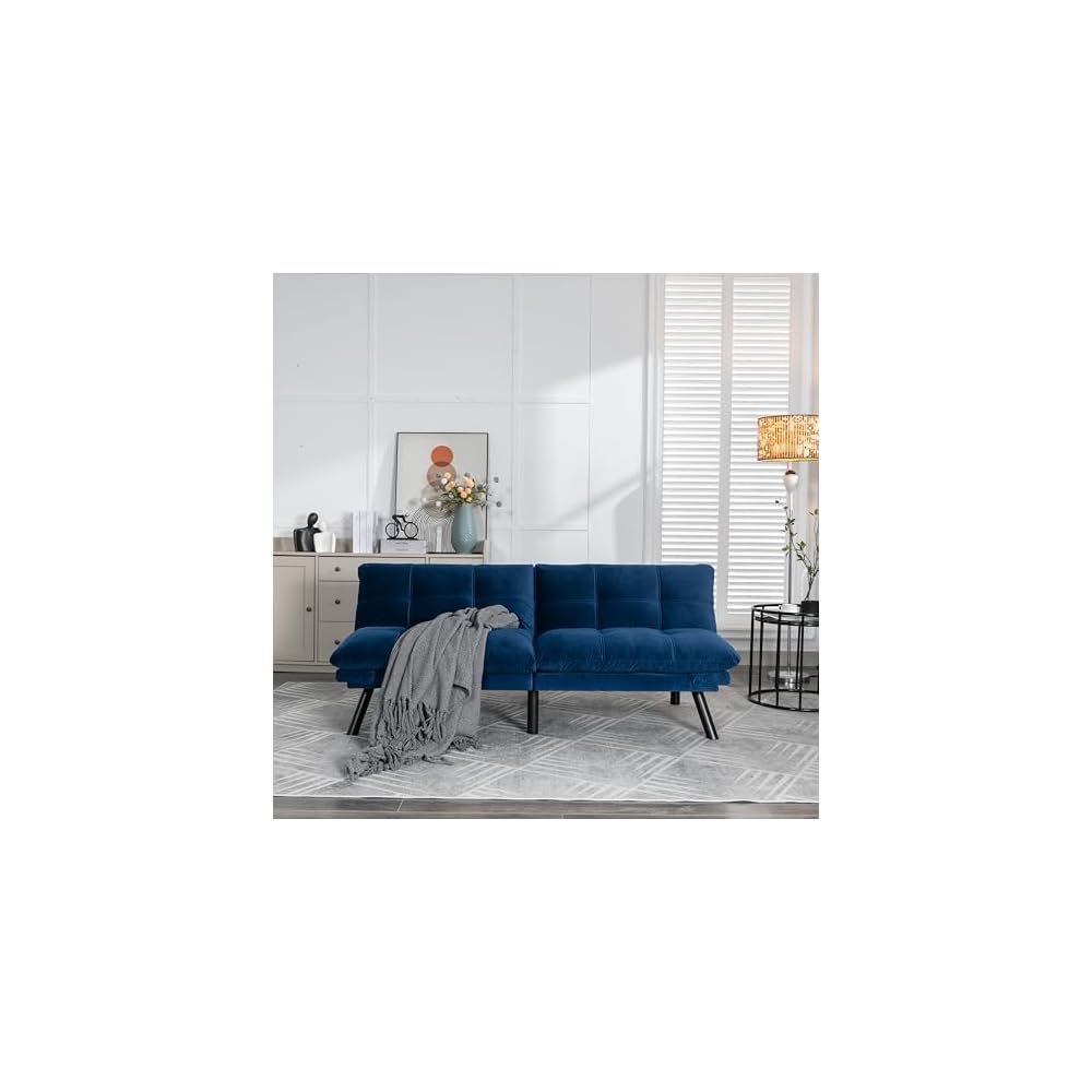 Modern Leather Convertible Folding Futon Couch Sofa Bed with Adjustable Armrest and Backrest, Couch Double Loveseat Sofa for Compact Living Space,Dorm,Game Studio,Apartment,Bedroom (Navy Blue)