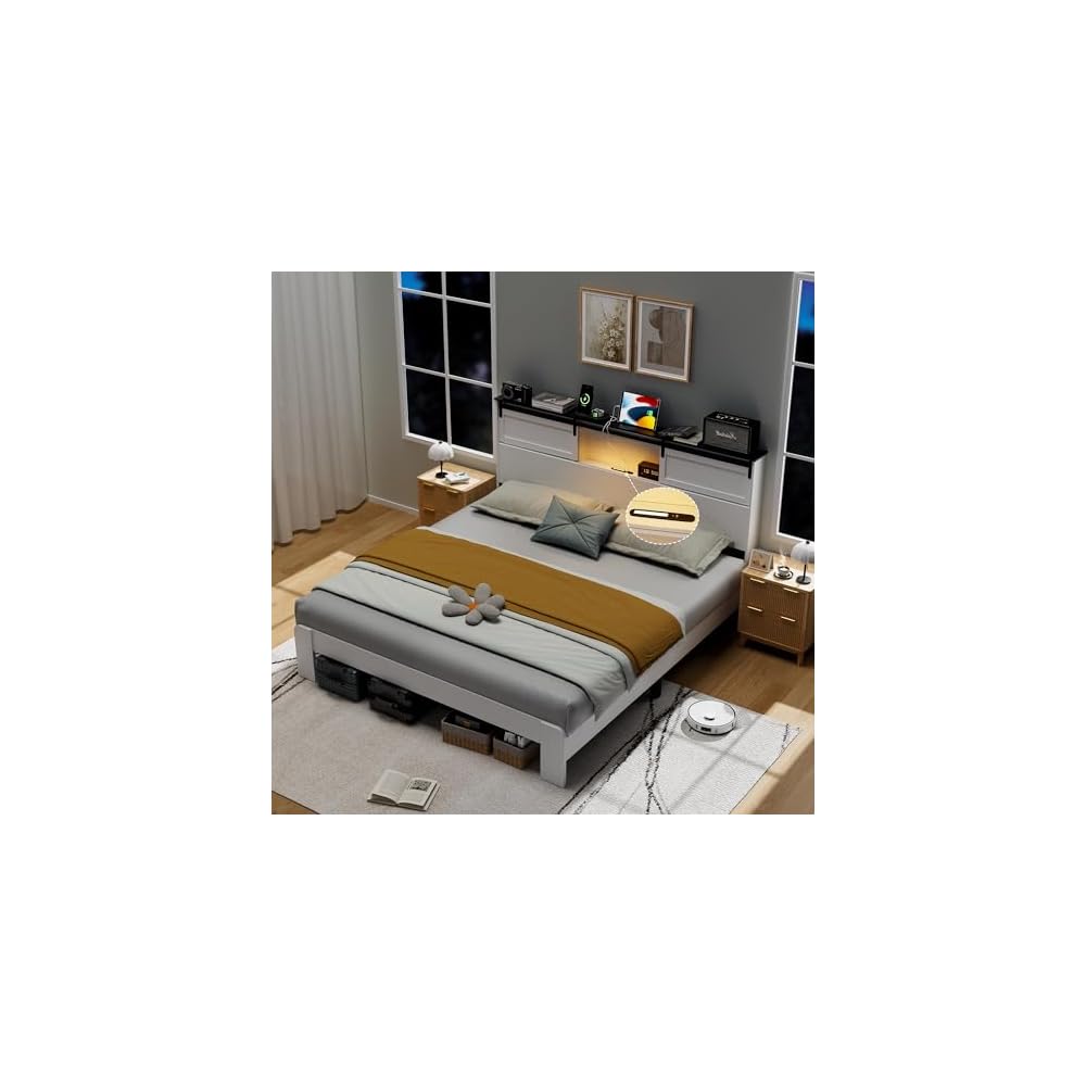 DNYN Farmhouse Platform Bed Frame with Storage Headboard and Dual USB Ports