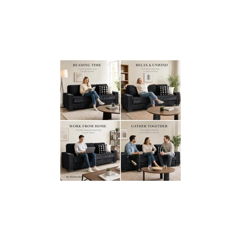 GRAVFORCE 84" Corduroy Sofa, Black 3 Seater Couch with Cup Holders