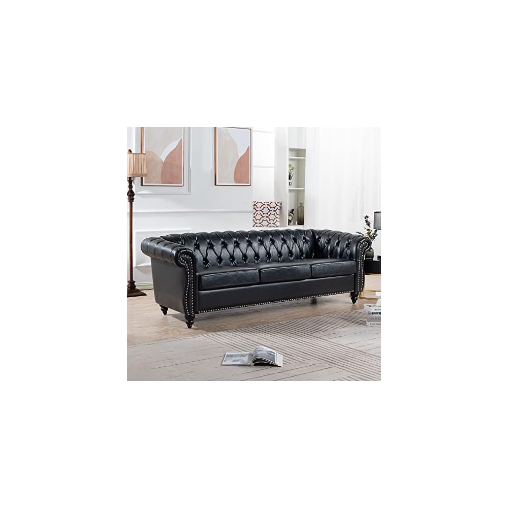 Chesterfield PU Leather Sofa, Upholstered PU Sofa with Tufted Back, Classic 3 Seater Leather Couch Rolled Arm for Living Room Office, Black