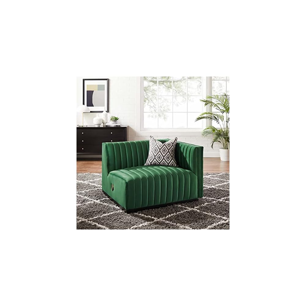 Modway Conjure Channel Tufted Upholstered Performance Velvet Sectional Sofa Left Corner Chair in Black Cognac