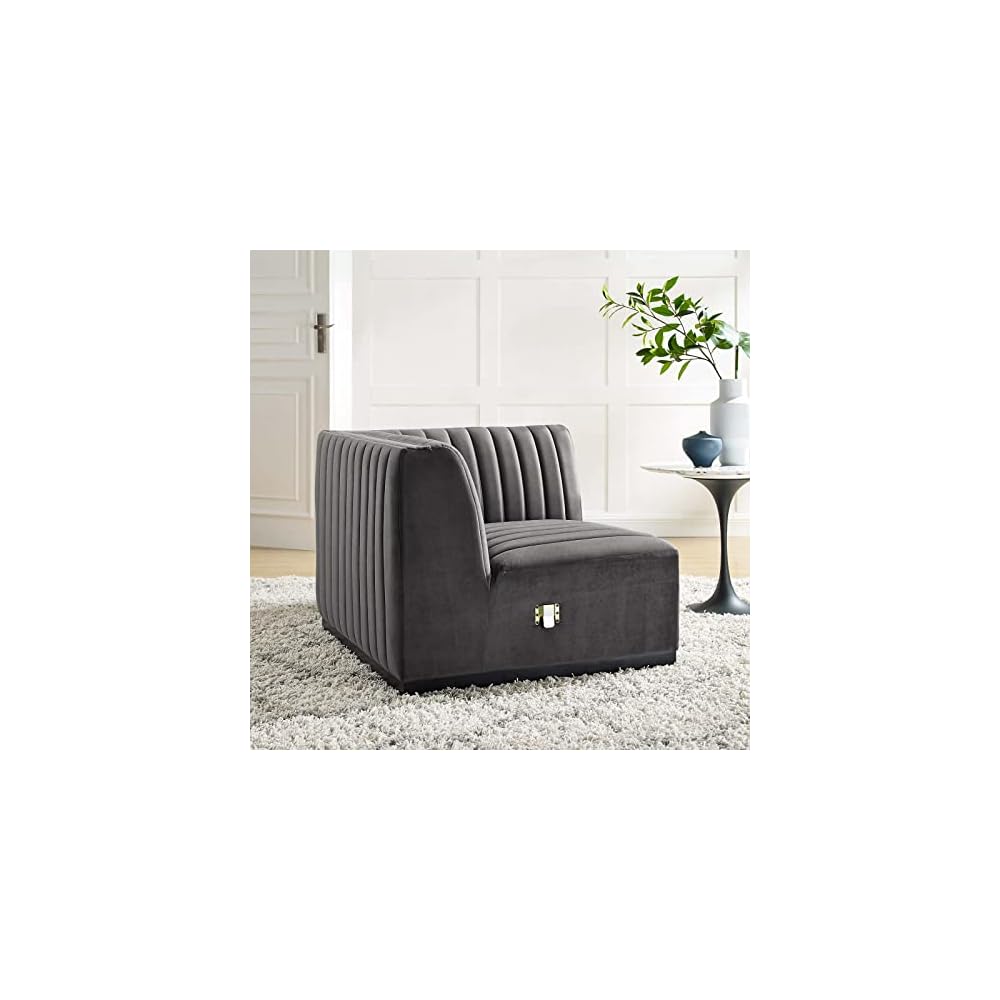 Modway Conjure Channel Tufted Upholstered Performance Velvet Sectional Sofa Left Corner Chair in Black Cognac