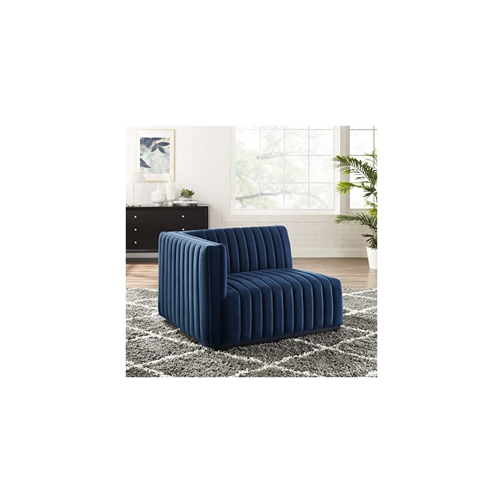 Modway Conjure Channel Tufted Upholstered Performance Velvet Sectional Sofa Left Corner Chair in Black Cognac