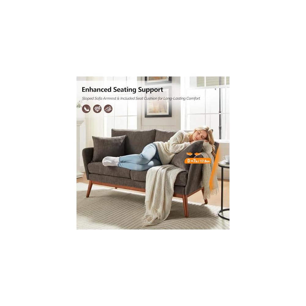 VINGLI 63.5" W Mid Century Small Love Seat Couch with Soild Wood Frame, 2 Seater Comfy Linen Fabric Loveseat Sofa, Small Couch with Two Pillows for Bedroom, Living Room, Small Spaces, Brown