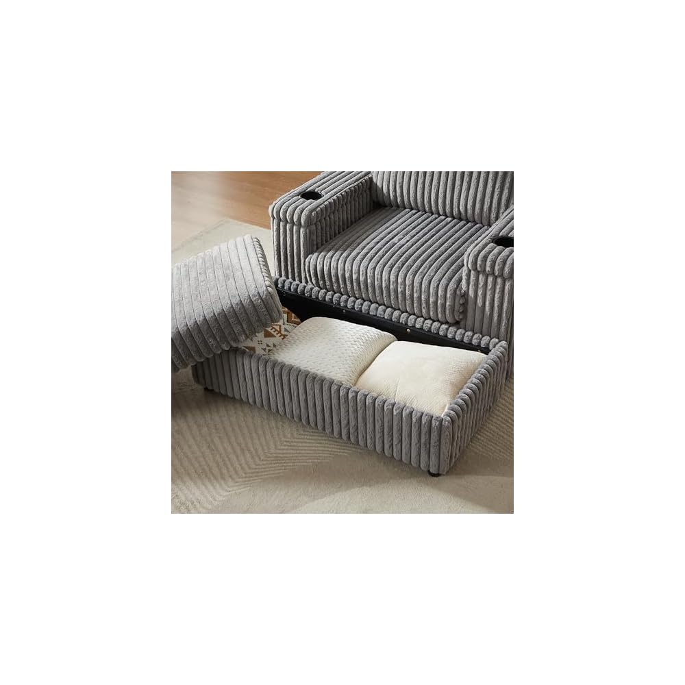 84 Inch Soft Corduroy Sofa, Boneless Couches for Living Room with Storage footstools, Couches with Spring Sponge Support and Cup Grooves for Indoor Leisure Spaces, Grey