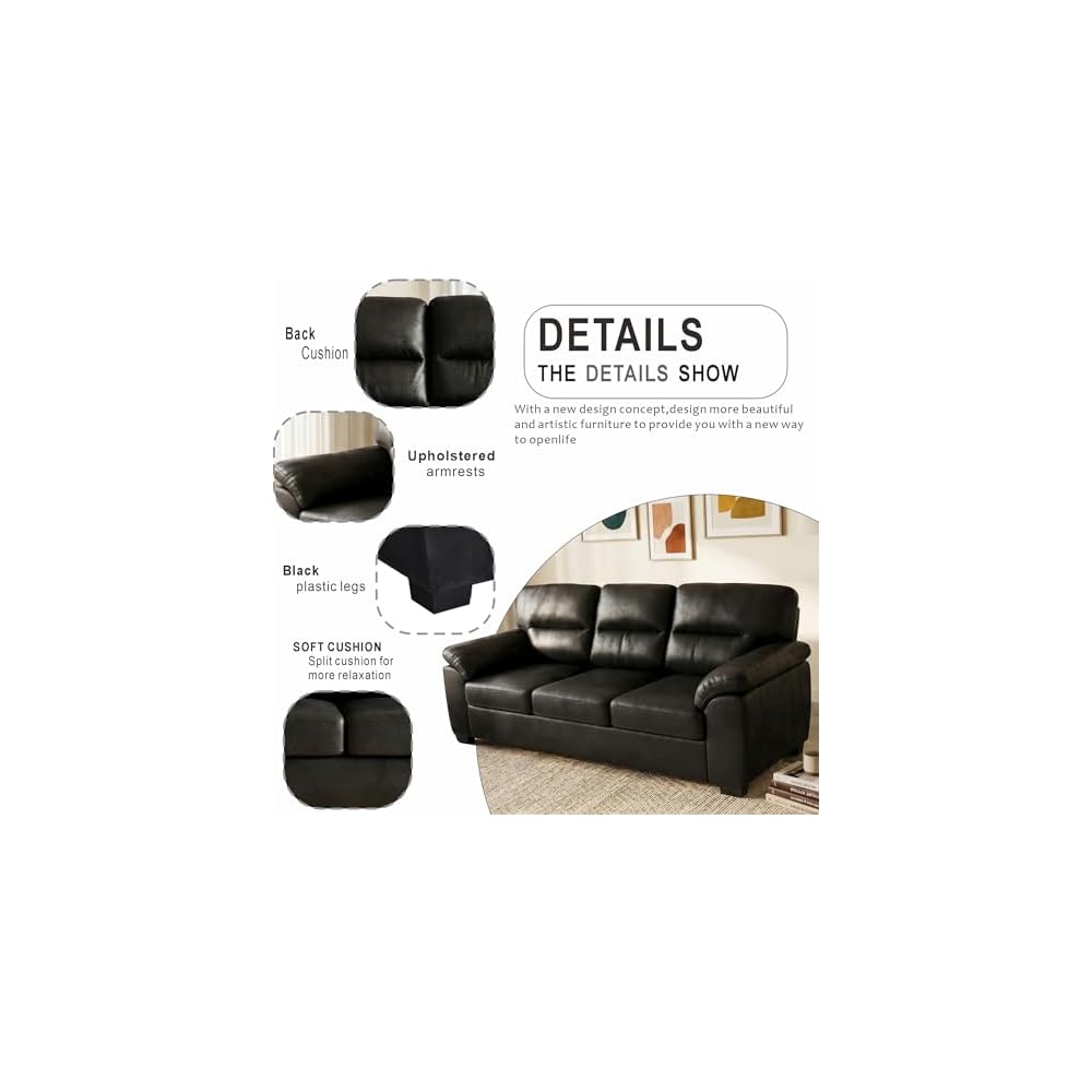81" 3 Seater Sofa, Tech Breathable Faux Leather Tufted Couch with Wide Armrests for Living Room, Apartment, Office (Black)