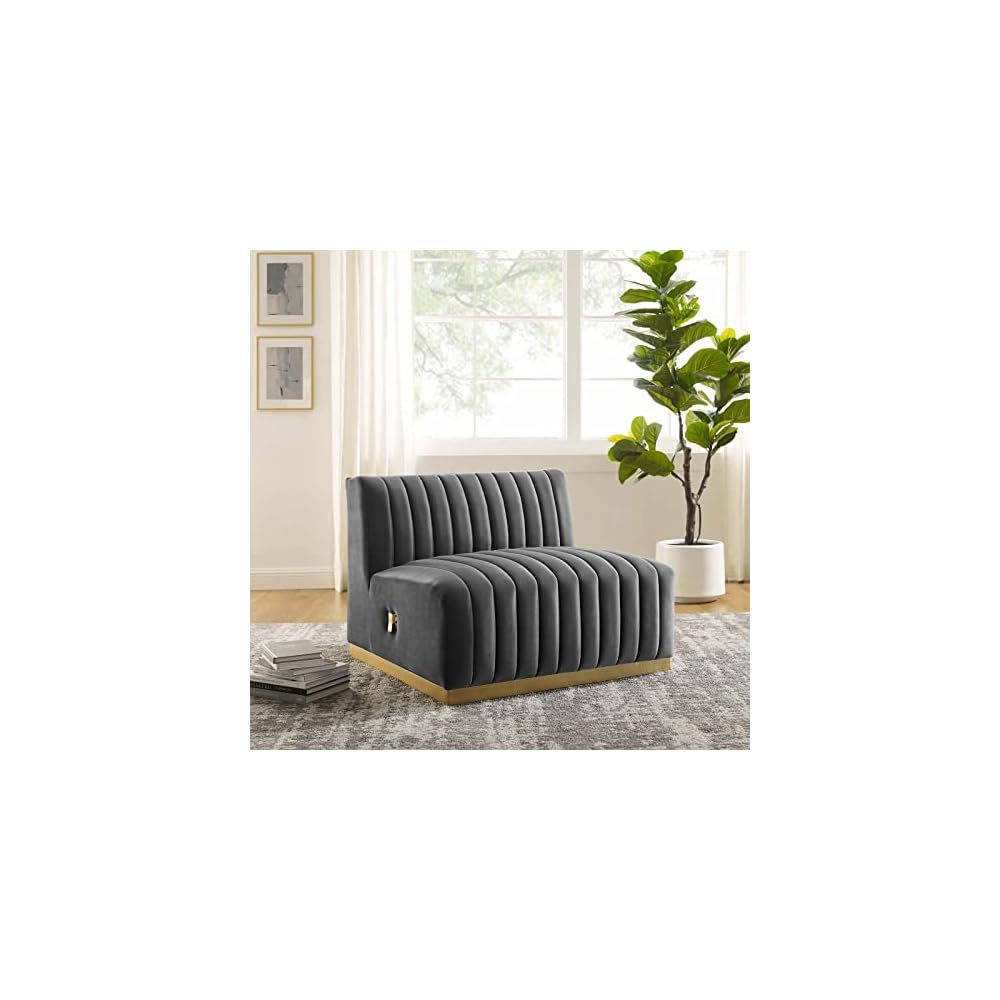 Modway Conjure Channel Tufted Upholstered Performance Velvet Sectional Sofa Left Corner Chair in Black Cognac