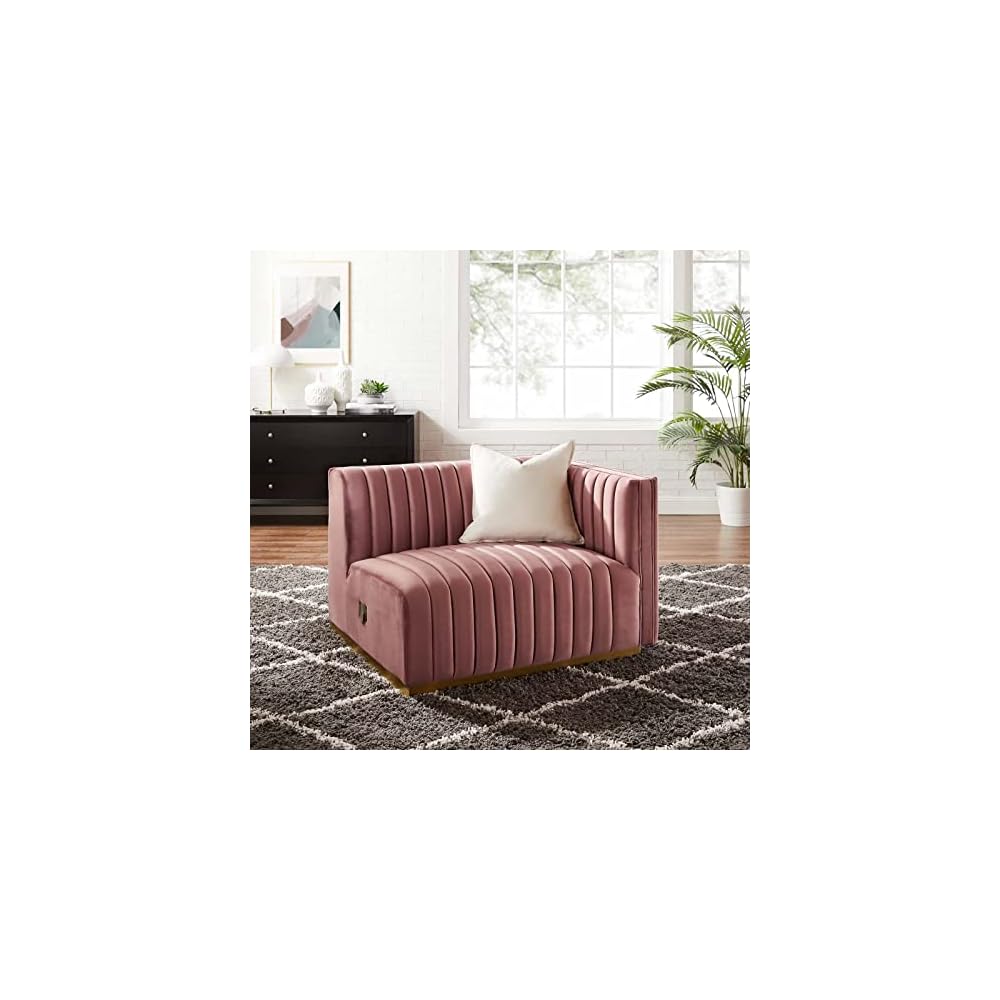 Modway Conjure Channel Tufted Upholstered Performance Velvet Sectional Sofa Left Corner Chair in Black Cognac