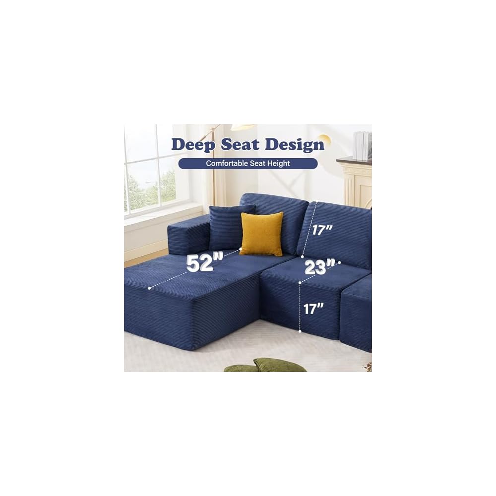 109” Cloud Sectional Couch, Boneless Modular Sofa with L-Shape Chaise, Deep Seat Corduroy Couch, No Assembly Required, Modern Upholstered Sectional for Living Room Apartment Bedroom