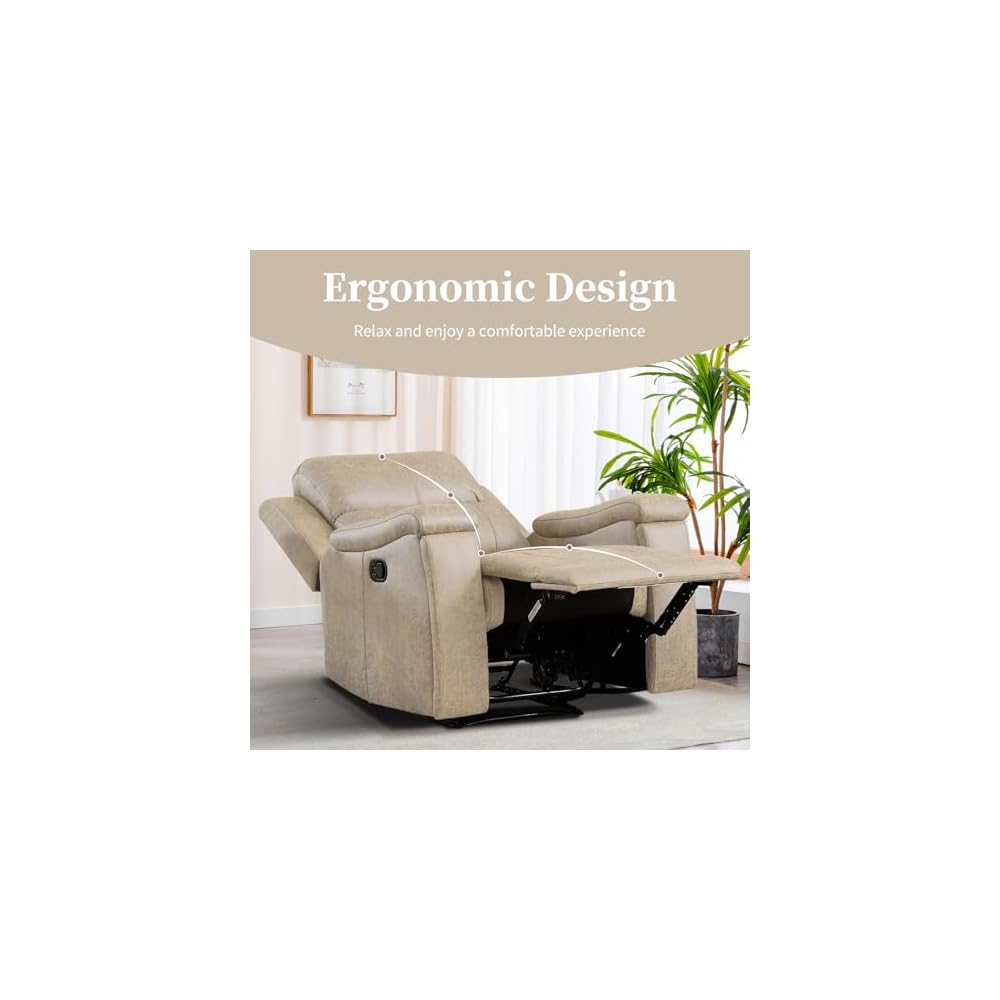 EBELLO Recliner Chair, Single Overstuffed Sofa Recliner, Breathable Faux Leather Manual Reclining Chairs with Hidden Cup Holder, Arm and Back for Adults, Living Room, Bedroom, Beige