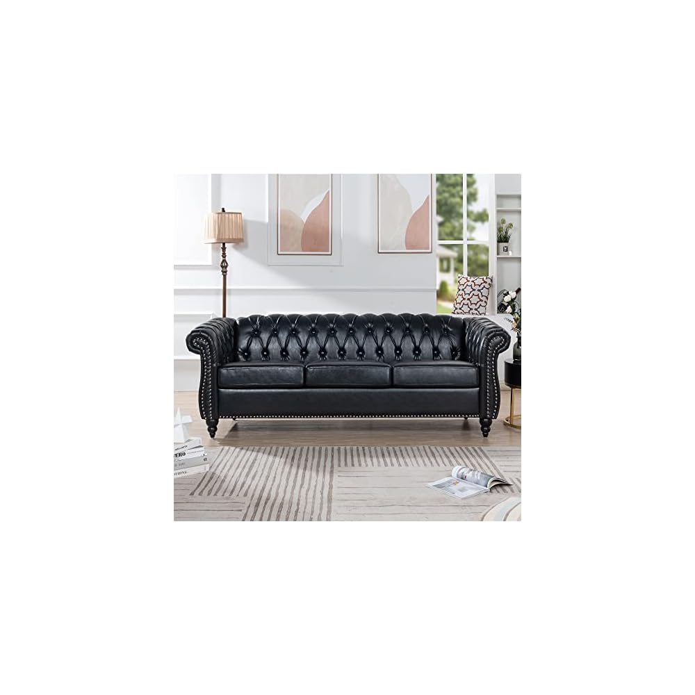 Chesterfield PU Leather Sofa, Upholstered PU Sofa with Tufted Back, Classic 3 Seater Leather Couch Rolled Arm for Living Room Office, Black