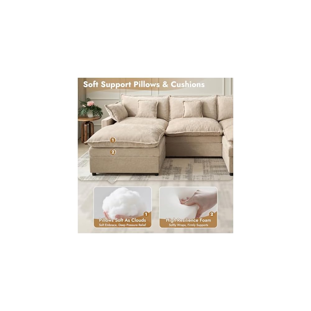 108 Inch U Shaped Cloud Couch, Chenille Modular Sectional Sofa