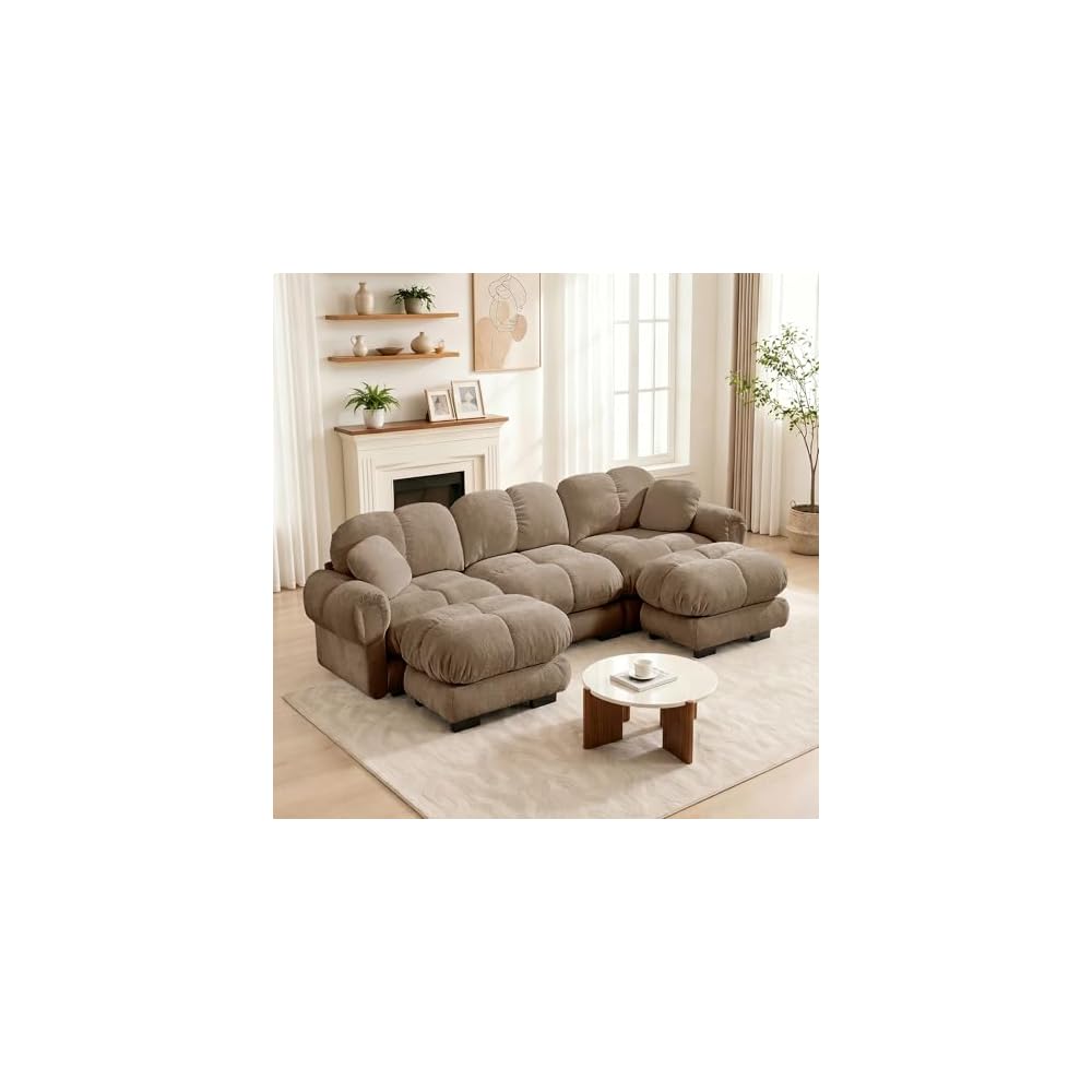 103.9" Modular Cloud Couch, Oversize U-Shaped Sectional Sofa with Ottoman, Deep Seat Chenille Couch, Anti-Slip Design, Modern 3-Seater Sofa for Living Room/Apartment/Bedroom, Brown