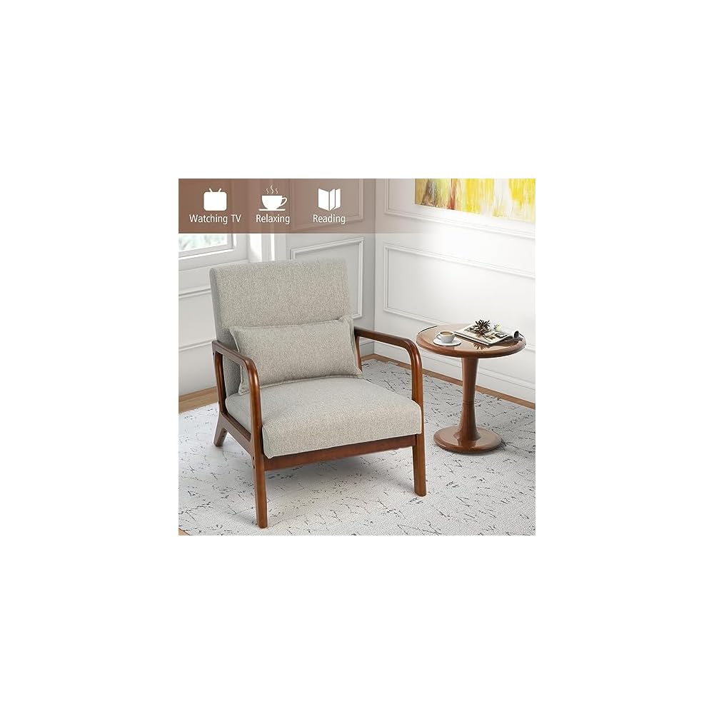 Mid Century Modern Accent Chair, Upholstered Lounge Armchair with Wood Frame & Lumbar Pillow, Comfy Reading Chair for Living Room, Bedroom, Office (1, Grey)