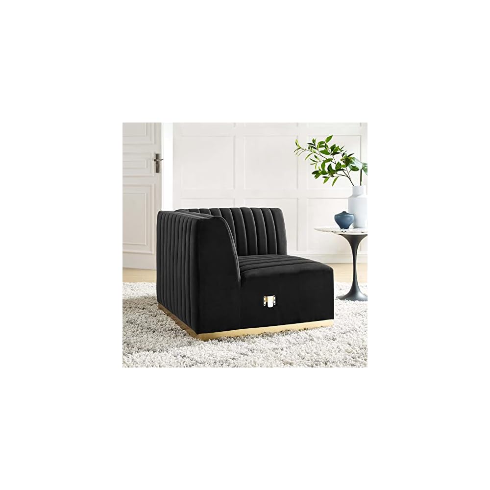Modway Conjure Channel Tufted Upholstered Performance Velvet Sectional Sofa Left Corner Chair in Black Cognac
