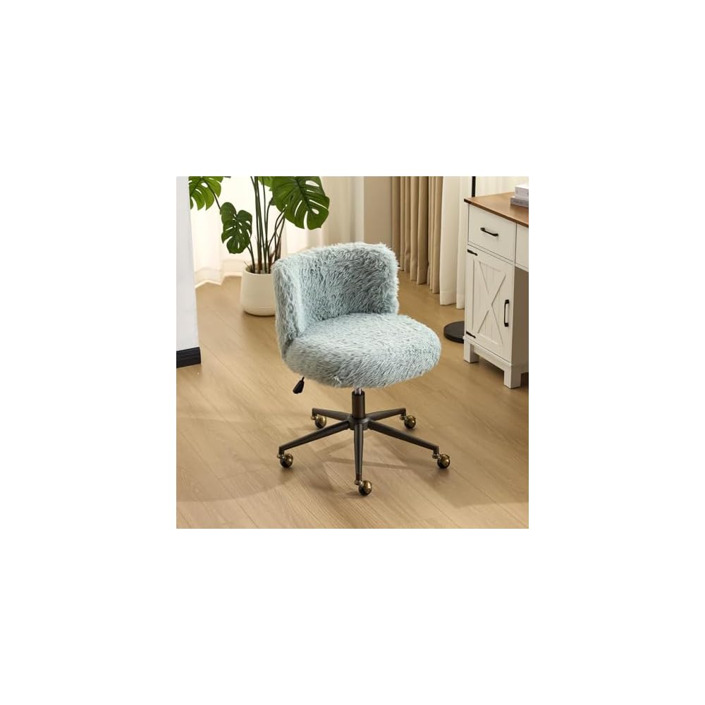 VINGLI Plush Upholstery Vanity Desk Chair with Curved Back & 90-102° Tilt &Adjustable Height, Cute Rolling Chair with Bronze Base & Golden-Bronze 360° Swivel Wheels for Makeup &Home Office,Grass Green
