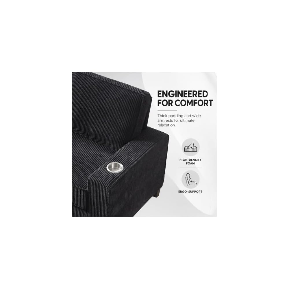 GRAVFORCE 84" Corduroy Sofa, Black 3 Seater Couch with Cup Holders