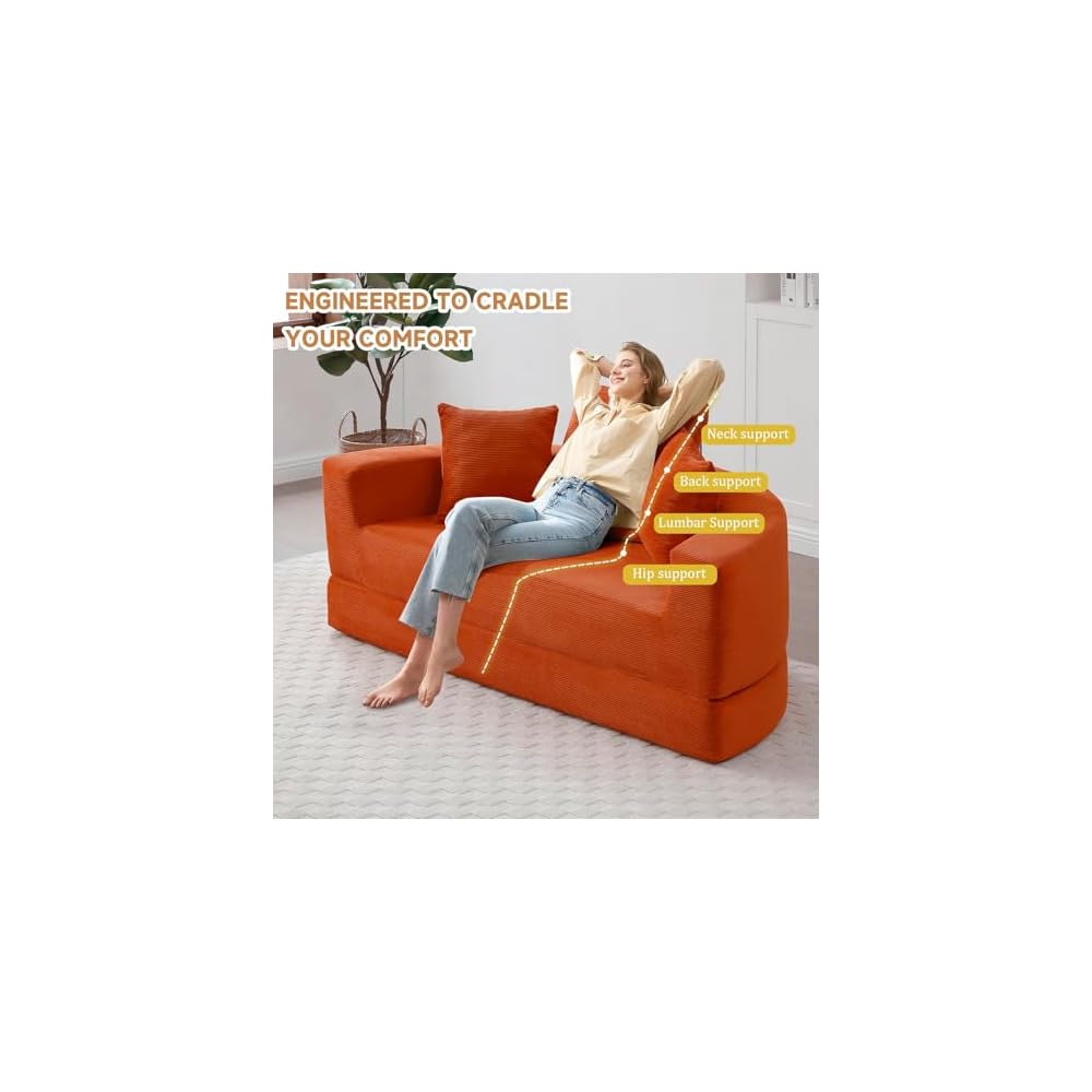 Convertible Sofa Bed, 67" Futon Boneless Couch Pull-Out, Orange