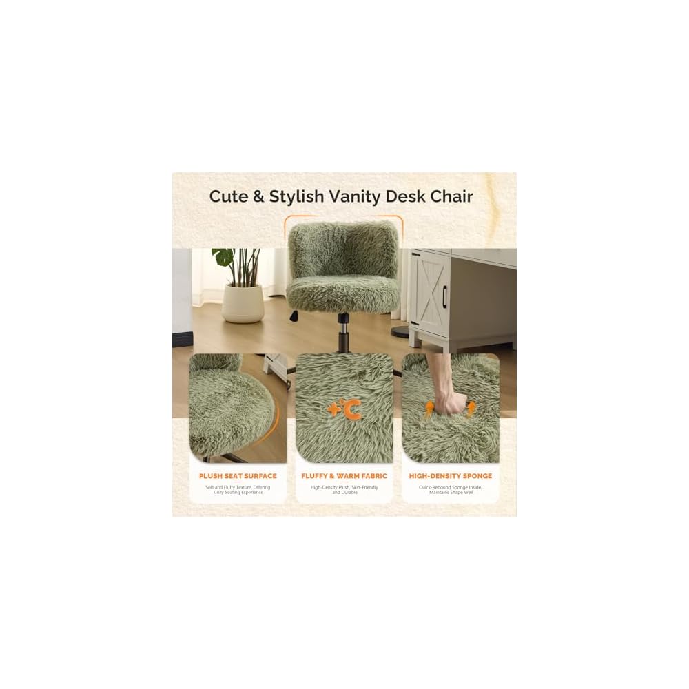 VINGLI Plush Upholstery Vanity Desk Chair with Curved Back & 90-102° Tilt &Adjustable Height, Cute Rolling Chair with Bronze Base & Golden-Bronze 360° Swivel Wheels for Makeup &Home Office,Grass Green