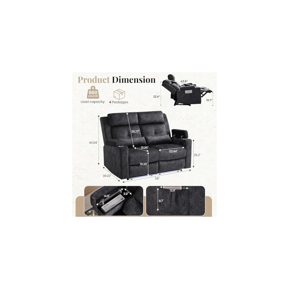 Power Reclining Loveseat Sofa, Velvet Loveseat Recliner Sofa Couch with LED Light/Hidden Storage,RV Wall Hugger Double Recliner for Living Room (Gray No Conlole)