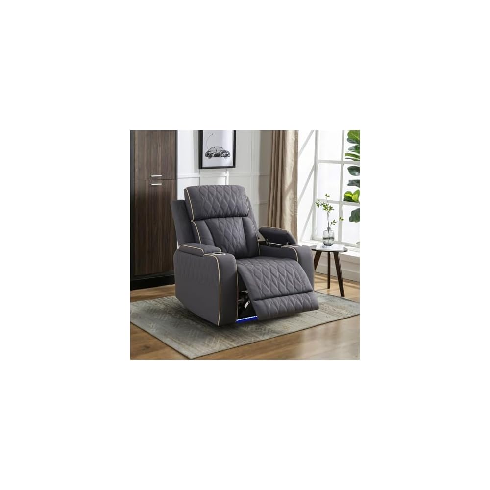 Blueish Grey Sanded Leather Living Room Intelligent Recliner Chair Backrest Can Tilt Back to 110°-115° Ambient LED Light Whichcan Ease Your Tiredness