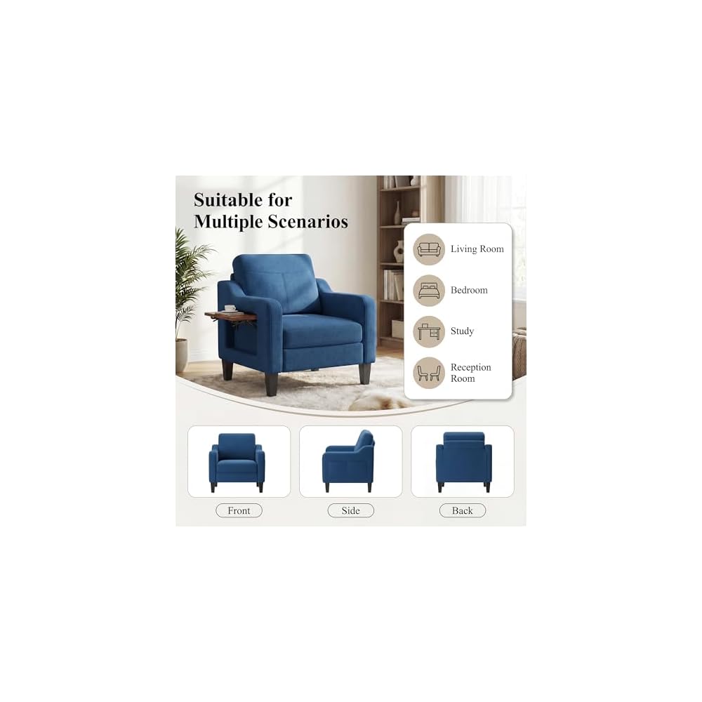 Accent Chair for Living Room, Mid-Century Upholstered Armchair with Foldable Table & 2 Side Pockets, Modern Linen Wooden Sofa Chair for Bedroom & Reading Room, Blue
