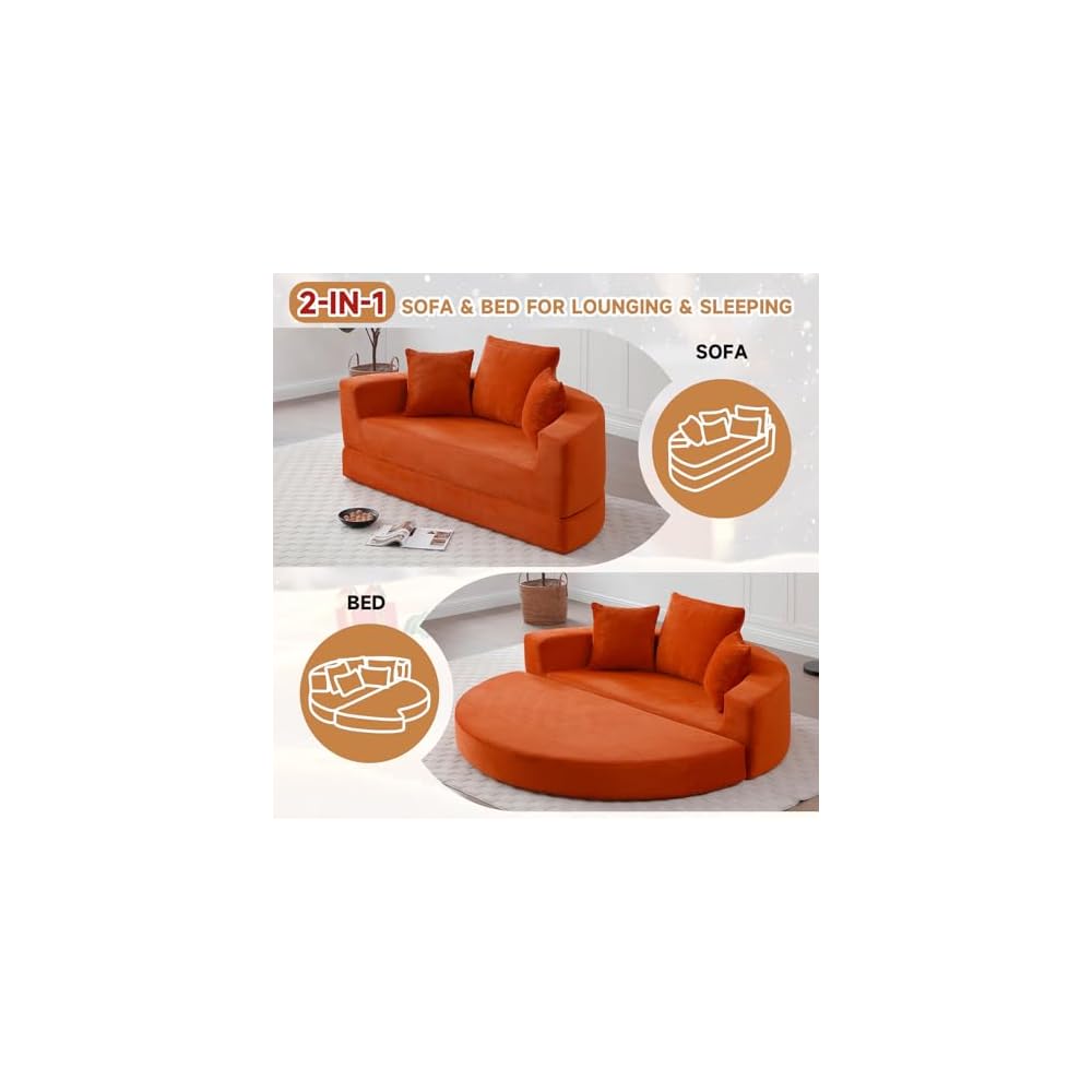 Convertible Sofa Bed, 67" Futon Boneless Couch Pull-Out, Orange