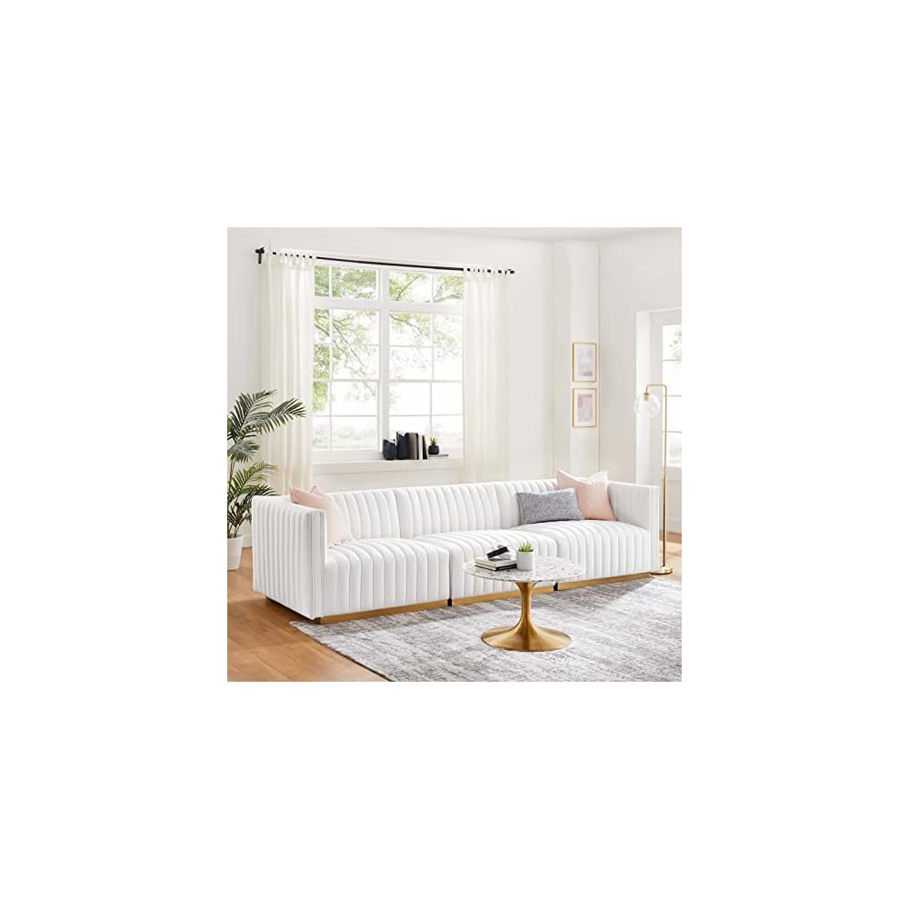 Modway Conjure Channel Tufted Upholstered Performance Velvet Sectional Sofa Left Corner Chair in Black Cognac