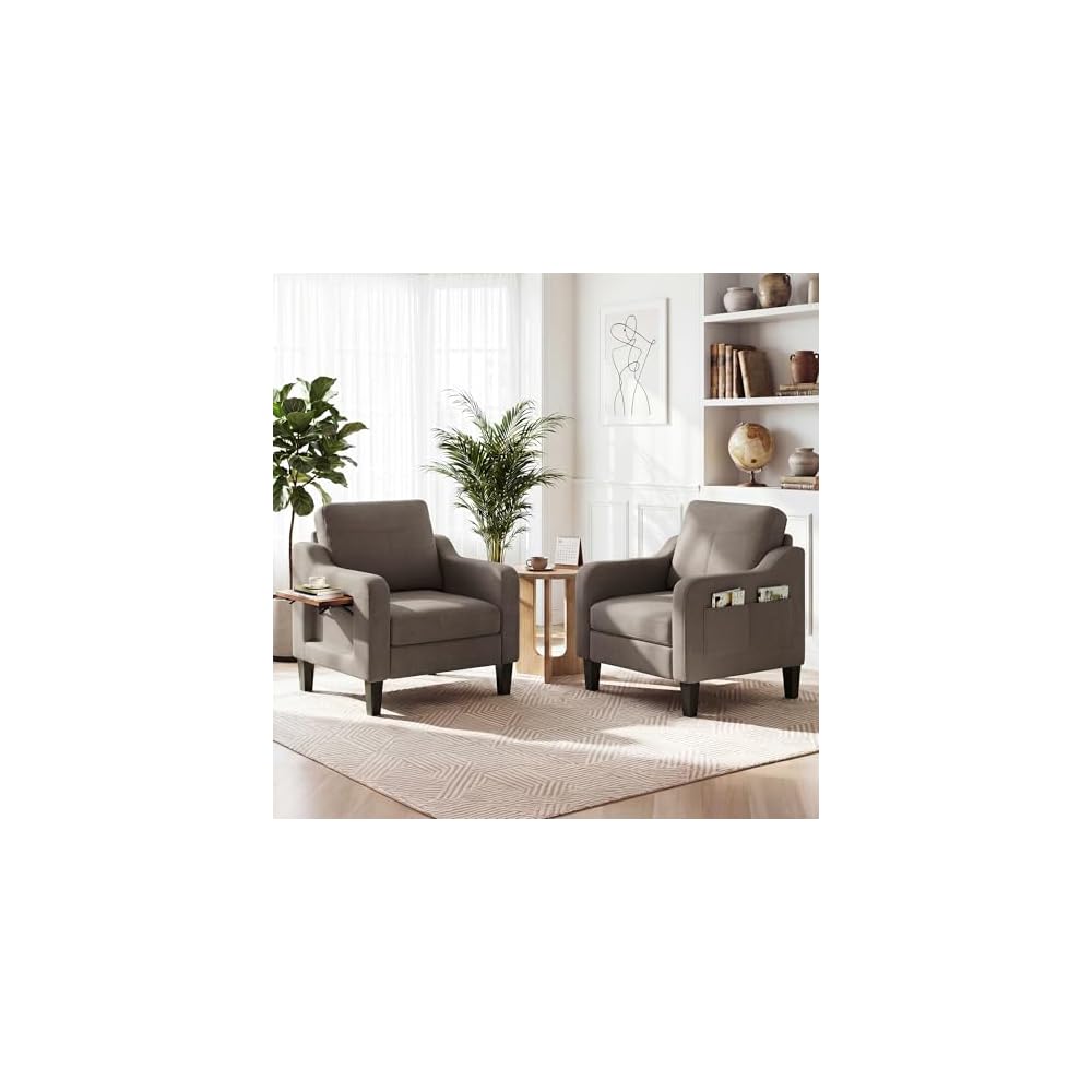 Accent Chair for Living Room, Mid-Century Upholstered Armchair with Foldable Table & 2 Side Pockets, Modern Linen Wooden Sofa Chair for Bedroom & Reading Room, Blue